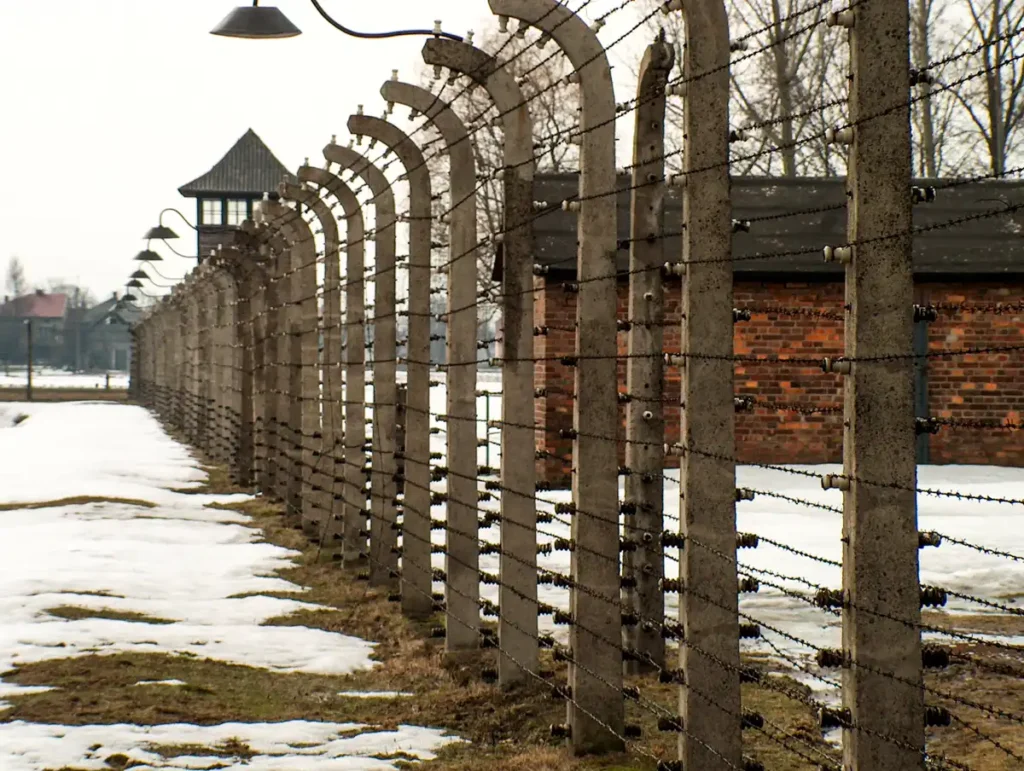 wieża strażnicza, płot z drutu kolczastego, Auschwitz II – Birkenau